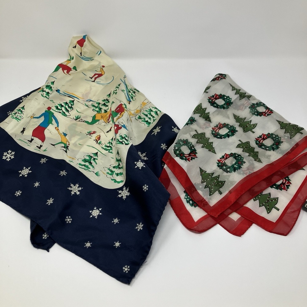 Vintage Christmas Scarf Lot of 2 - Echo Wreaths Trees & Winter Ice Skating